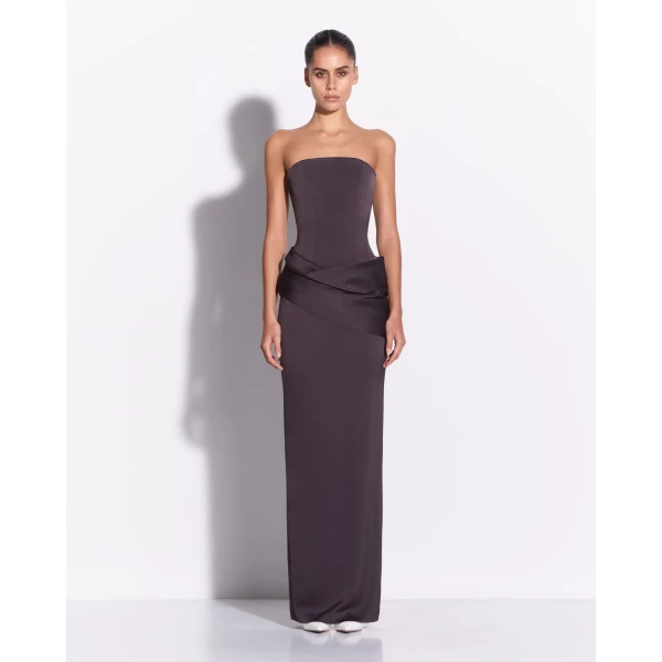 Alex Perry Strapless Drape Column in Satin Crepe, Fig Dress, view 2