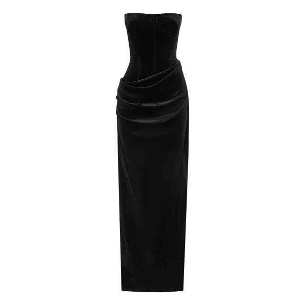 Alex Perry Strapless Drape Column in Velvet, Black Dress