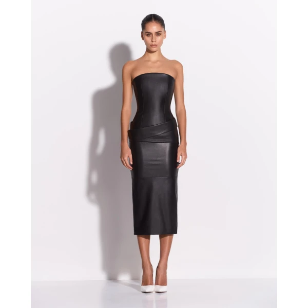 Alex Perry Strapless Drape Dress in Leather, Black, view 2