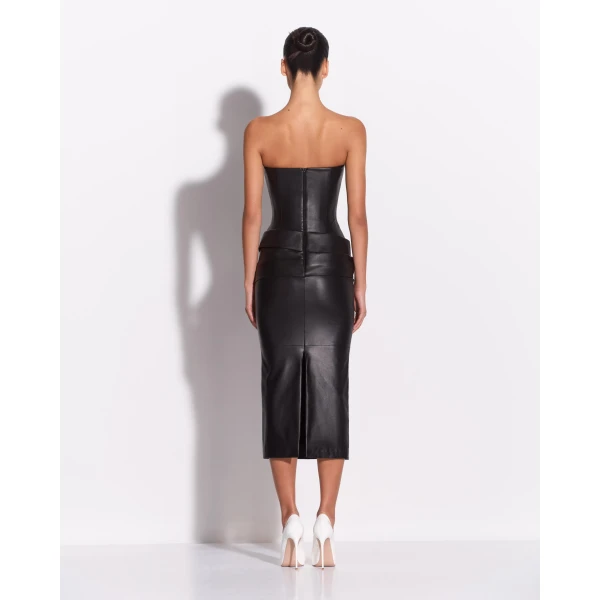 Alex Perry Strapless Drape Dress in Leather, Black, view 3