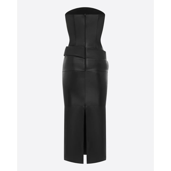 Alex Perry Strapless Drape Dress in Leather, Black, view 4