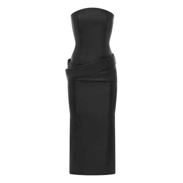 Alex Perry Strapless Drape Dress in Leather, Black
