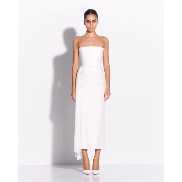 Alex Perry Strapless Drape Dress in Sequin, White, view 2