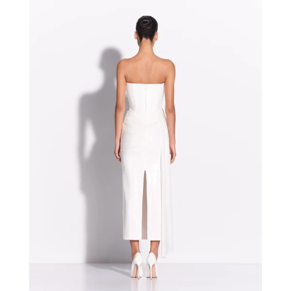 Alex Perry Strapless Drape Dress in Sequin, White, view 3