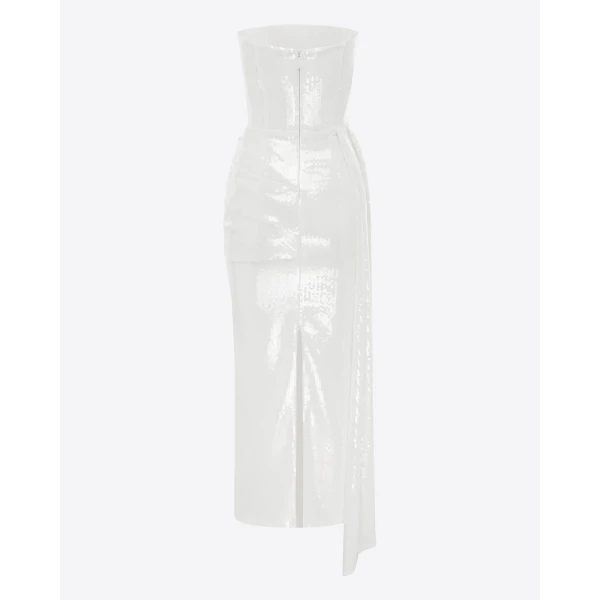 Alex Perry Strapless Drape Dress in Sequin, White, view 4