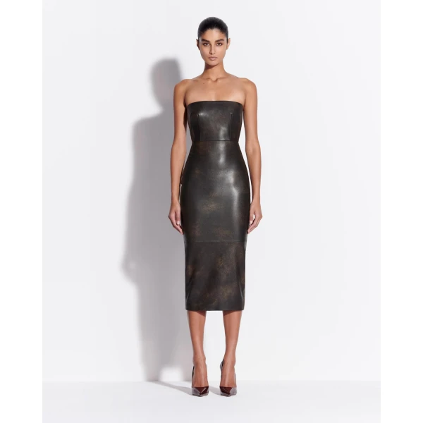 Alex Perry Strapless Dress in Leather, Dark Brown, view 2