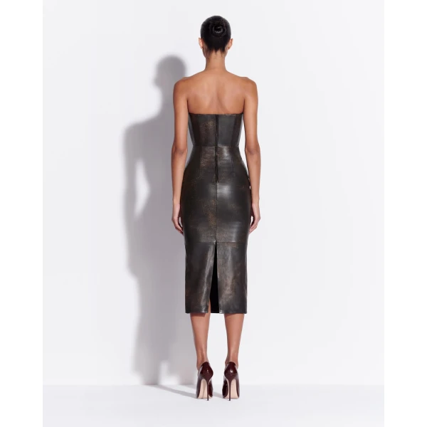 Alex Perry Strapless Dress in Leather, Dark Brown, view 3
