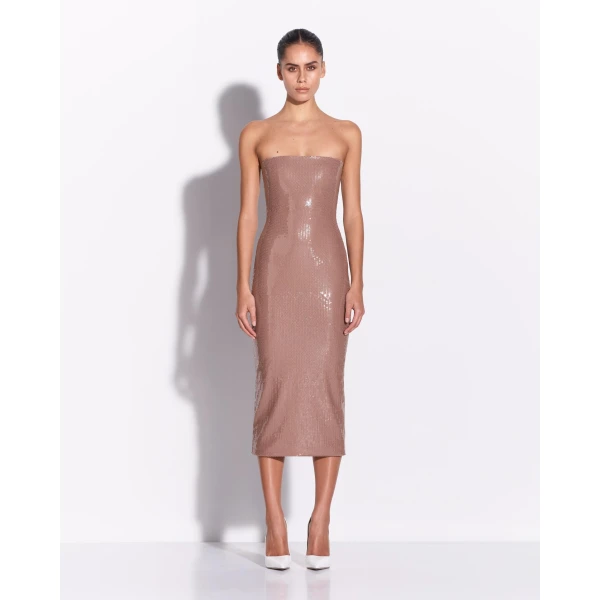Alex Perry Strapless Dress in Sequin Stretch Mesh, Mocha, view 2