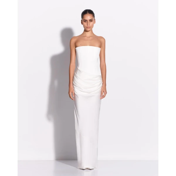 Alex Perry Strapless Longline Draped Column in Satin Crepe, White Dress, view 2