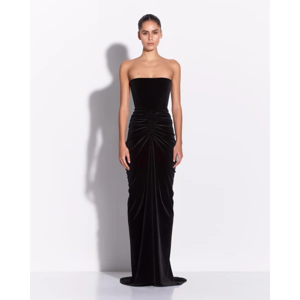 Alex Perry Strapless Ruched Gown in Velvet, Black, view 2