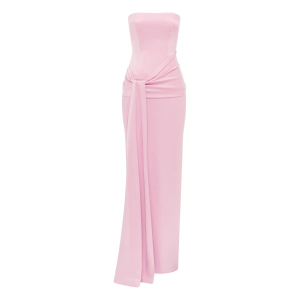 Alex Perry Strapless Sash Drape Column in Satin Crepe, Peony Dress