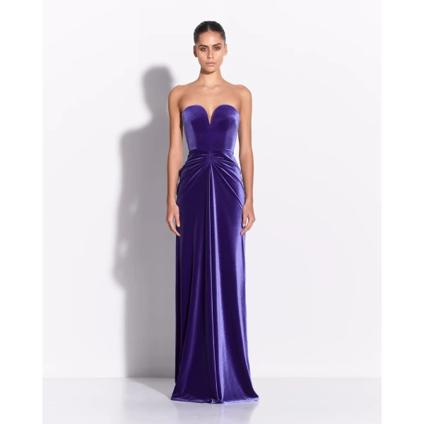 Alex Perry Strapless Sweetheart Ruched Gown in Velvet, Iris, view 2