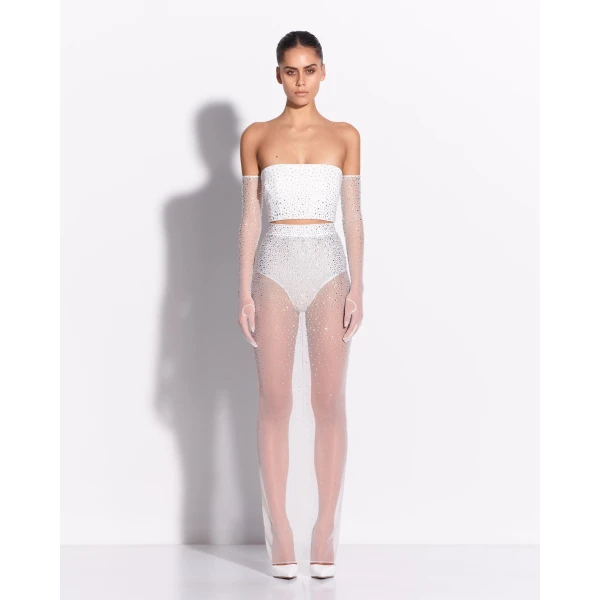 Alex Perry Strapless Top in Crystal Stretch Mesh, White, view 2