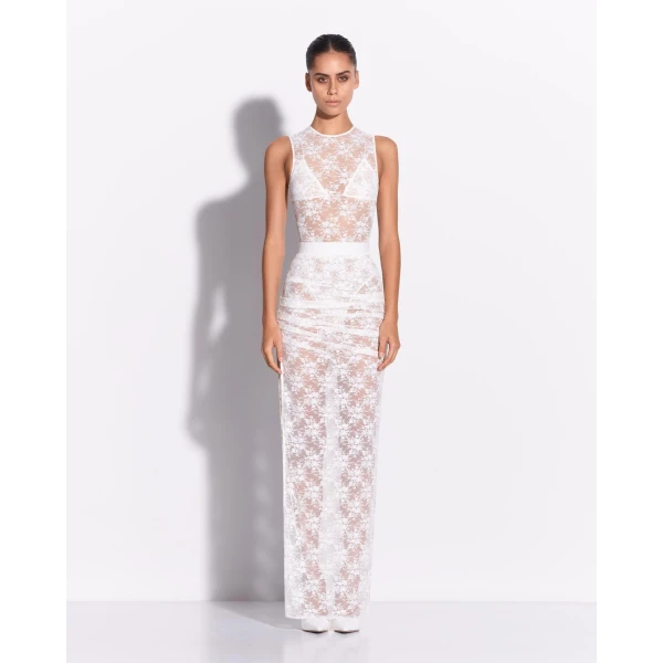Alex Perry Tucked Column Skirt in Lace, White, view 2