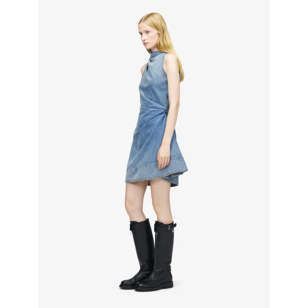 Alexander McQueen Denim Asymmetric Mini Dress in Washed Blue, view 3
