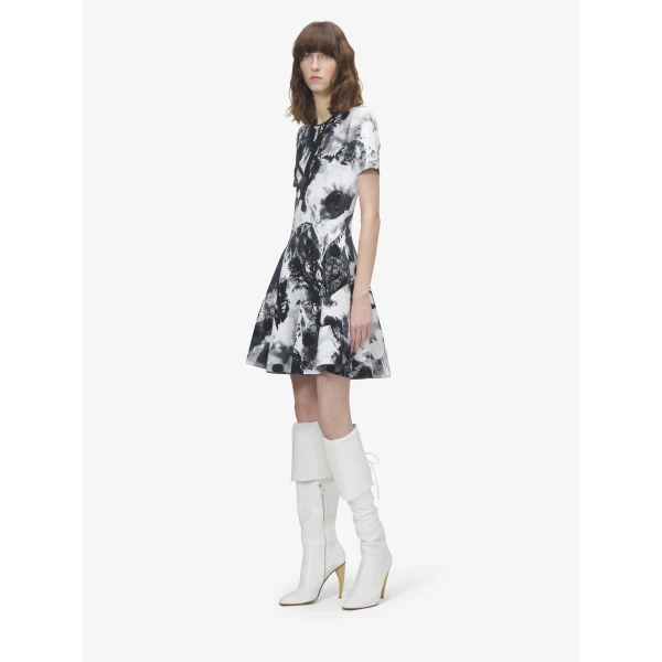 Alexander McQueen Floral Jacquard Mini Dress in Ivory/Black, view 3