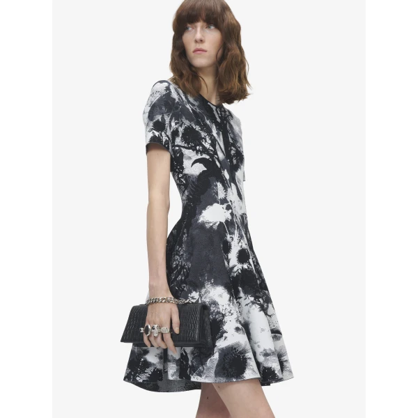 Alexander McQueen Floral Jacquard Mini Dress in Ivory/Black, view 5