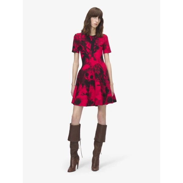 Alexander McQueen Floral Jacquard Mini Dress in Red/Black, view 2