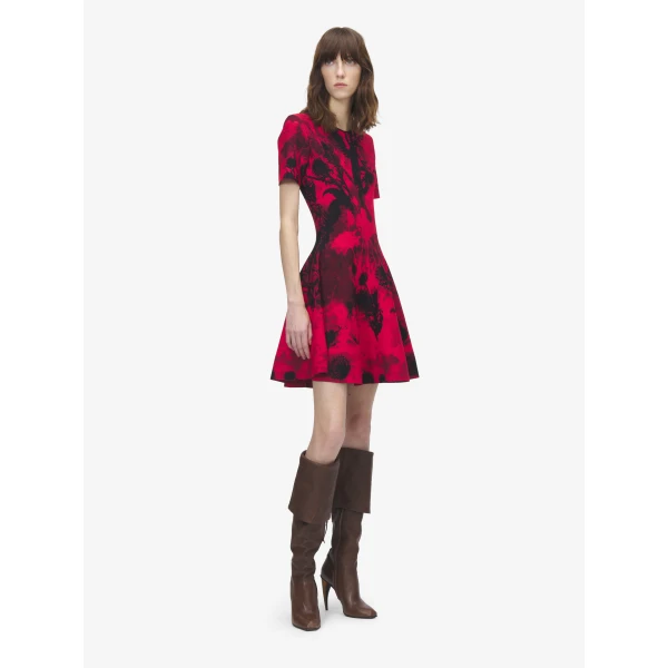 Alexander McQueen Floral Jacquard Mini Dress in Red/Black, view 3