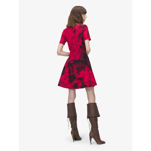 Alexander McQueen Floral Jacquard Mini Dress in Red/Black, view 4