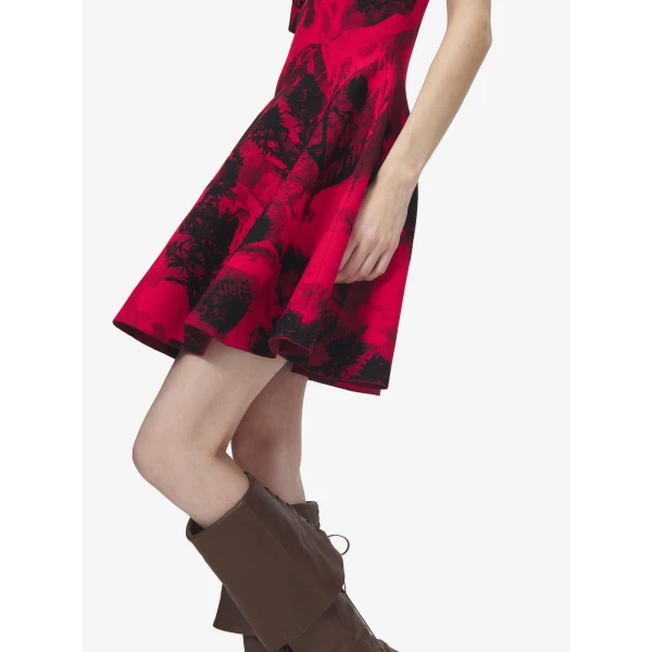 Alexander McQueen Floral Jacquard Mini Dress in Red/Black, view 5