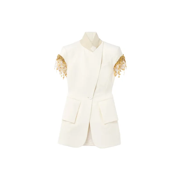 Gold Leaves and Crystal Embroidery Short-Sleeved Jacket