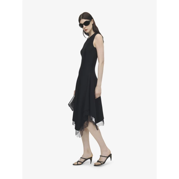 Alexander McQueen Lace Trim A-Line Dress in Black, view 3