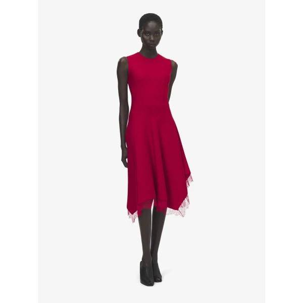 Alexander McQueen Lace Trim A-Line Dress in Red, view 2