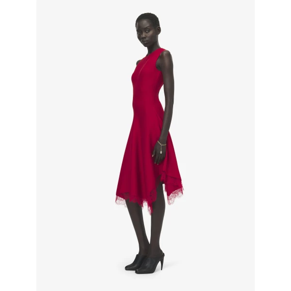 Alexander McQueen Lace Trim A-Line Dress in Red, view 3