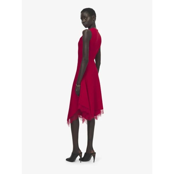 Alexander McQueen Lace Trim A-Line Dress in Red, view 4