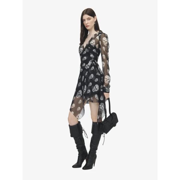 Alexander McQueen Silk Skull Print Wrap Dress, view 3