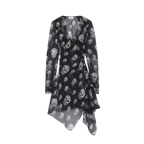 Alexander McQueen Silk Skull Print Wrap Dress