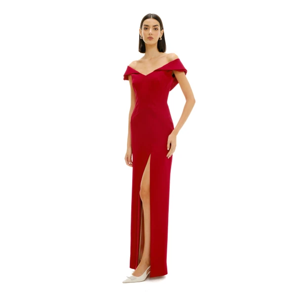 Avaro Figlio Column Dress With Rever Detail And Slit, view 5