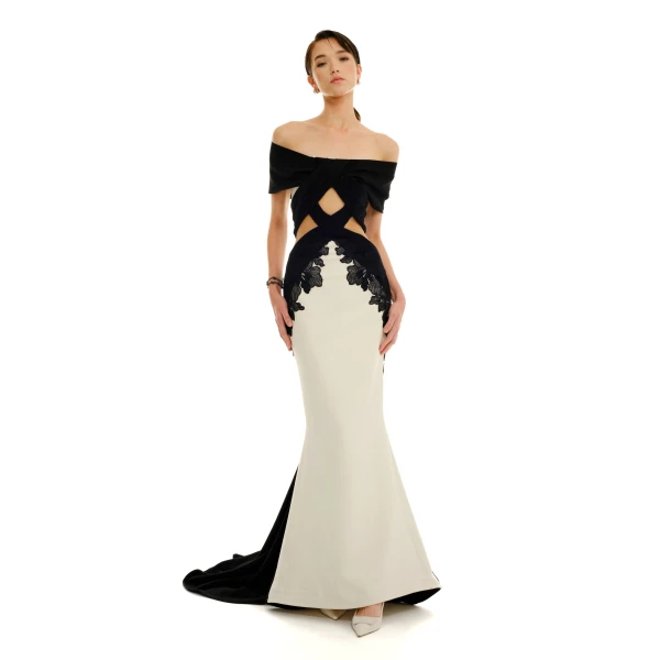 Avaro Figlio Criss-Cross Bardot Dress With Lace, view 3