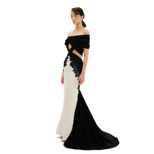 Avaro Figlio Criss-Cross Bardot Dress With Lace, view 5