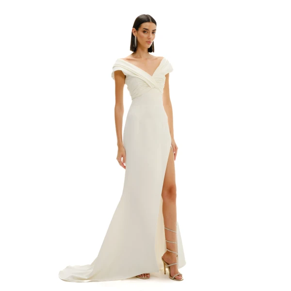 Avaro Figlio Draped V-Neck Maxi Dress With Slit, view 5