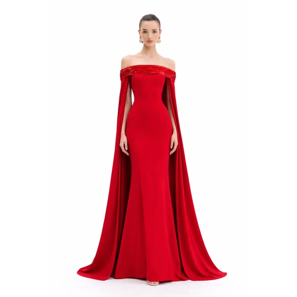 Avaro Figlio Off-Shoulder Gown With Cape Sleeves, view 2