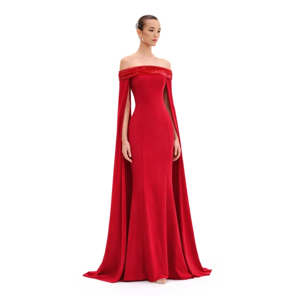 Avaro Figlio Off-Shoulder Gown With Cape Sleeves, view 5