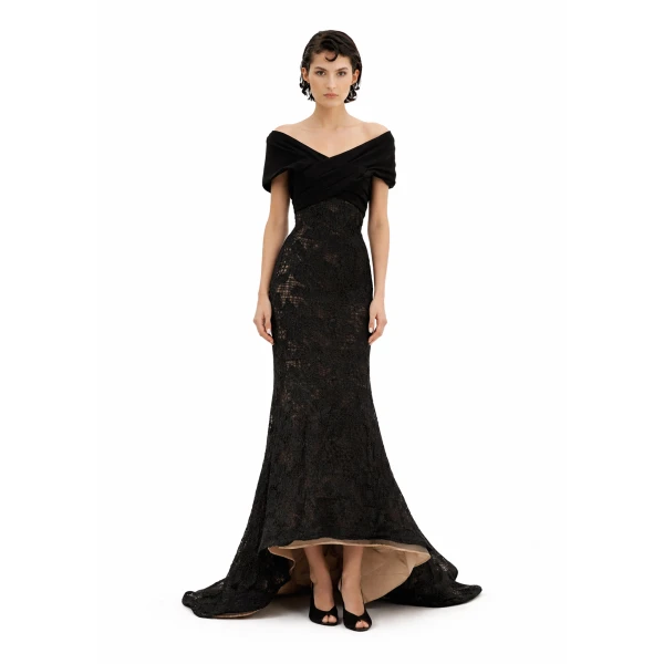 Avaro Figlio Off-Shoulder Lace Gown With Train, view 3