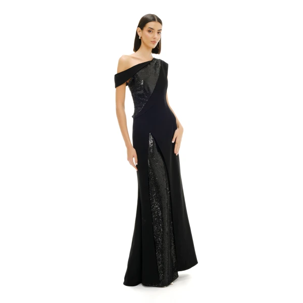 Avaro Figlio One-Shoulder Sequin Panel Gown, view 5