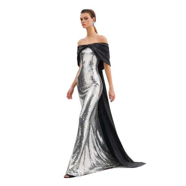 Avaro Figlio Sequin Gown With Bow Sleeves, view 5