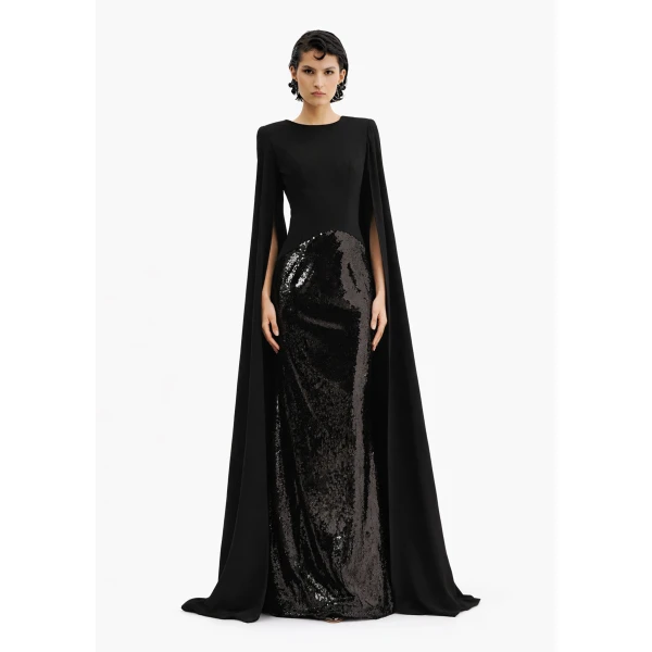 Avaro Figlio Sequin Gown With Cape Sleeves, view 3
