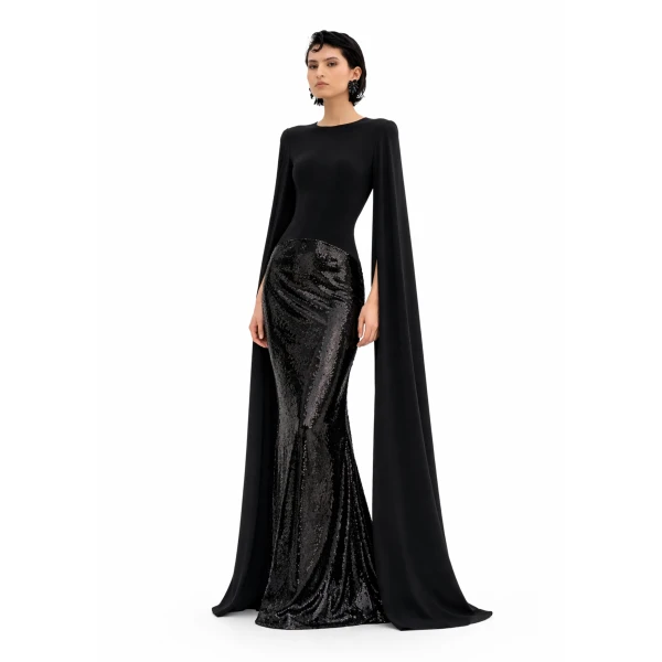 Avaro Figlio Sequin Gown With Cape Sleeves, view 5