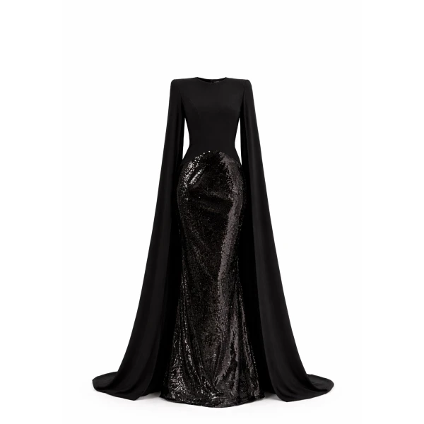 Avaro Figlio Sequin Gown With Cape Sleeves