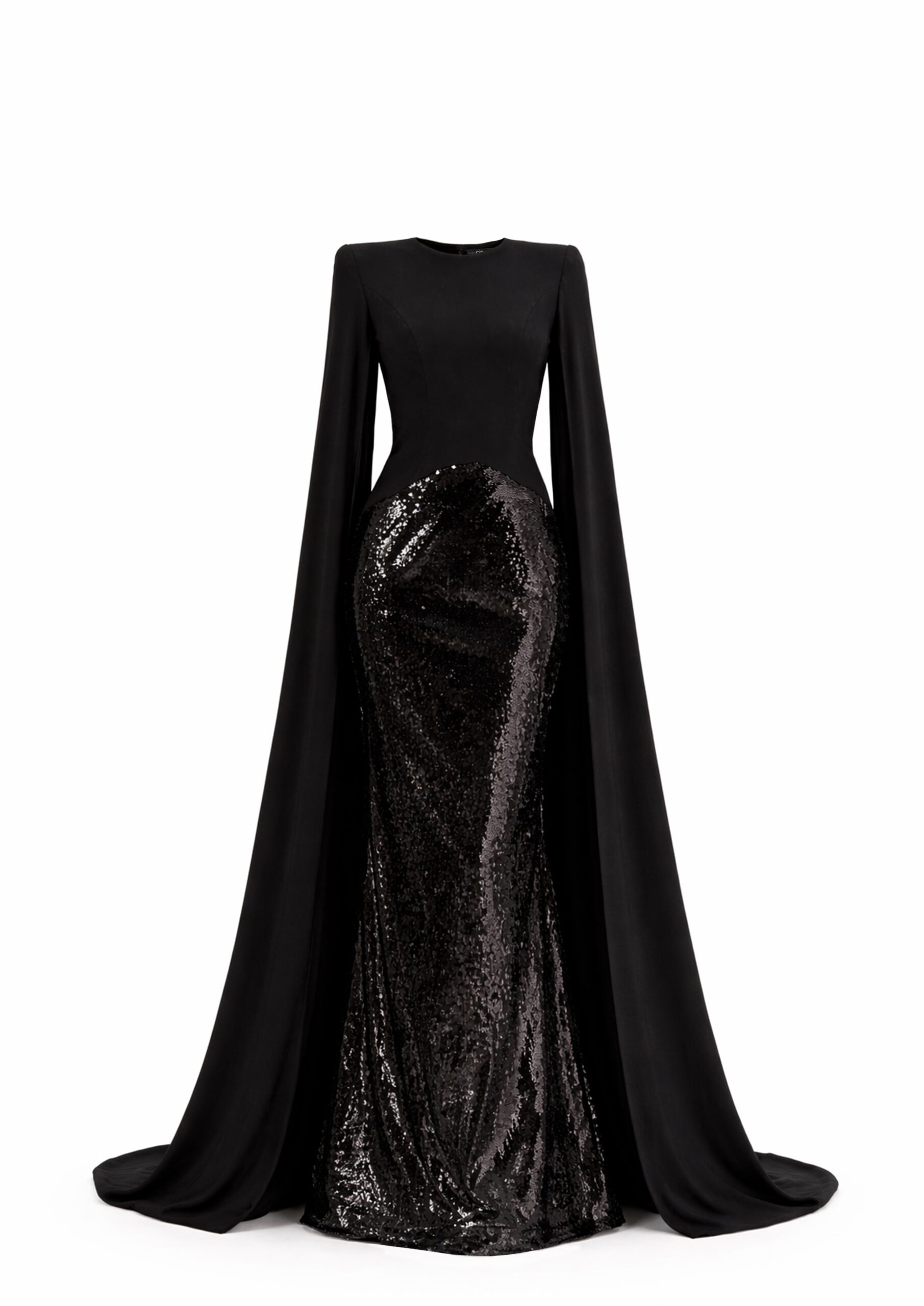 Avaro Figlio Sequin Gown With Cape Sleeves in Black