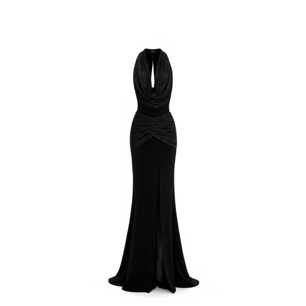 Avaro Figlio Sheer Crystal Cowl Neck Dress