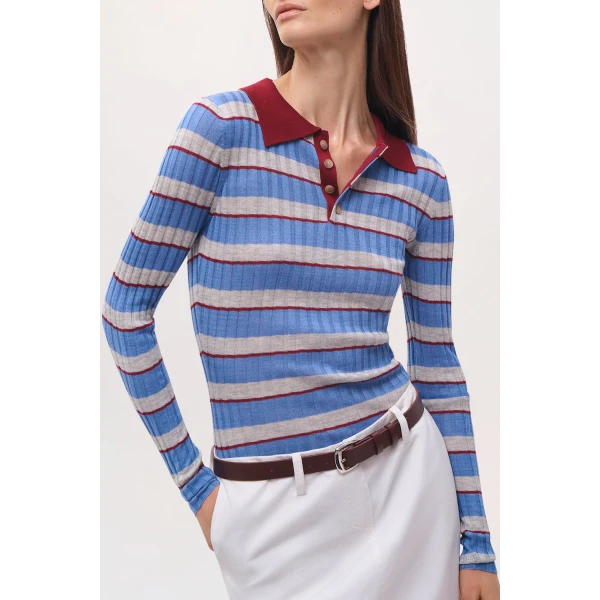 Brandon Maxwell Joni Polo Top in Blue Stripe, view 2