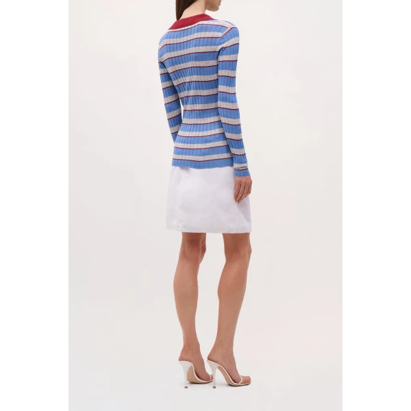 Brandon Maxwell Joni Polo Top in Blue Stripe, view 4