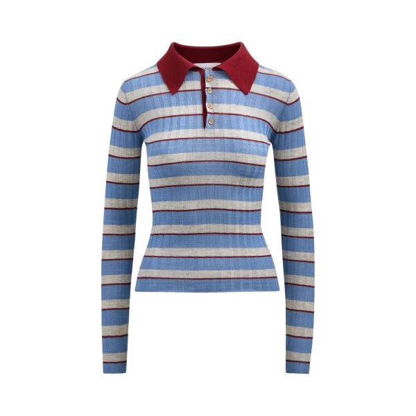 Brandon Maxwell Joni Polo Top in Blue Stripe