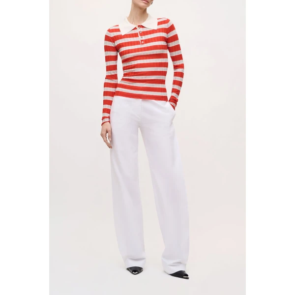 Brandon Maxwell Joni Polo Top in Red Stripe, view 2